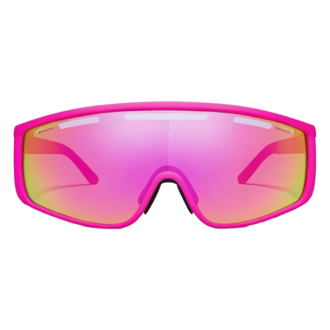 sporty neon pink shield visor sunglasses with thick frame and integrated strap, extremely robust design, substantial build, one-piece mirrored lens sticker