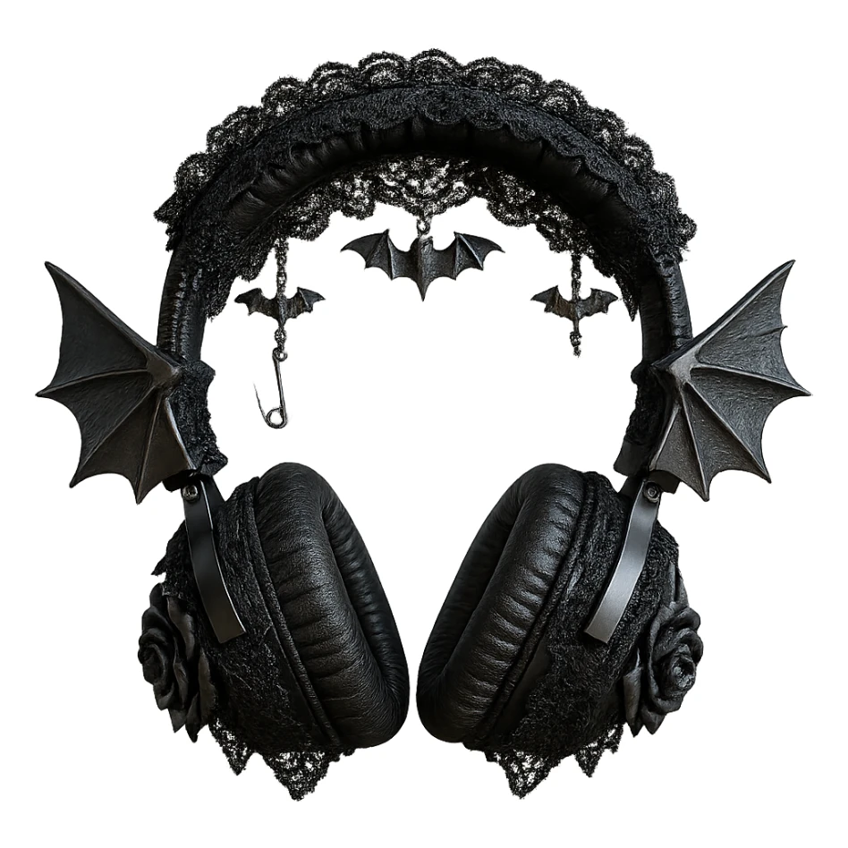 Add ornate lace, small bat wing charms, and a silver safety pin to the realistic black gothic headphones with bat wing details, lace trim, and dark roses. Keep the background transparent. Maintain the realistic black gothic style with lace and bat wing details. sticker