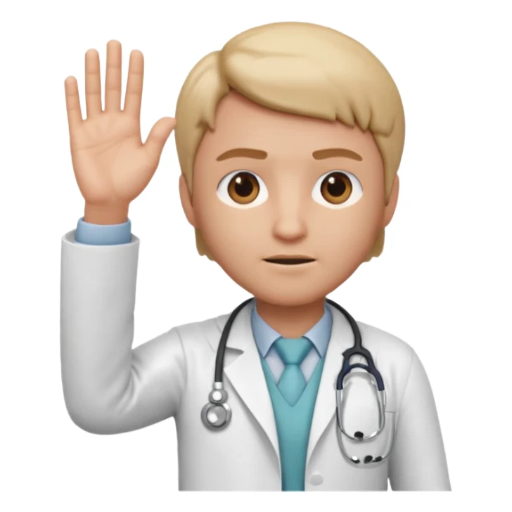 3D memoji doctor, hand raised forward in stop gesture, serious face, educational tone, white coat, stethoscope visible, centered, transparent PNG sticker