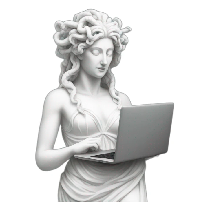 white statue of Medusa Gorgo with laptop sticker