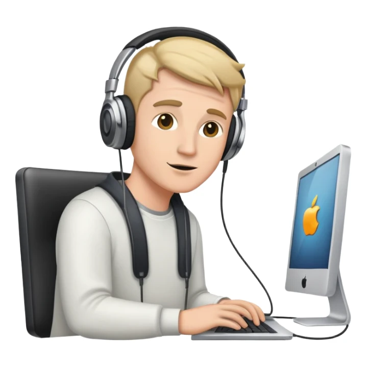 white man with headphones in front of computer mac  sticker