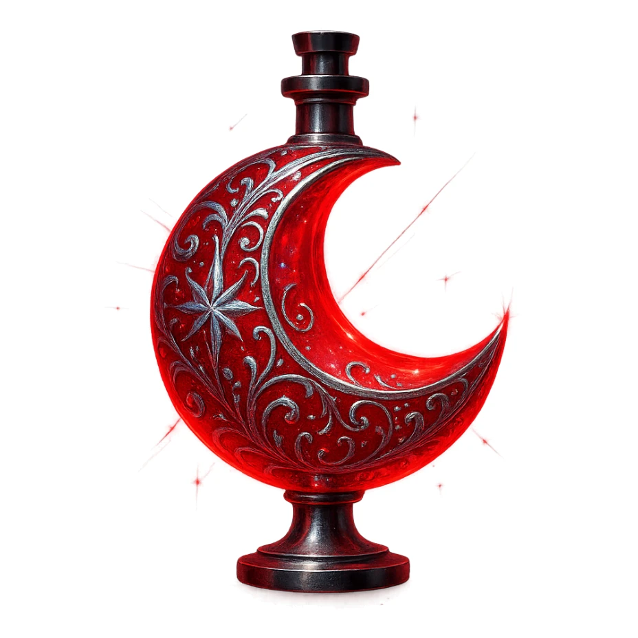 modernus prabangus eliksyro buteliukas, raudono mėnulio forma, paslaptingas, mistinis, ryški raudona spalva, stiprūs holografiniai ir sidabriniai ornamentai, itin ryškūs magiški švytėjimai ir efektai, labai mažas kaklelis, skaidrus fonas, vientisas dugnas, be šešėlio, plūduriuoja ore, kolekcijos stilius sticker