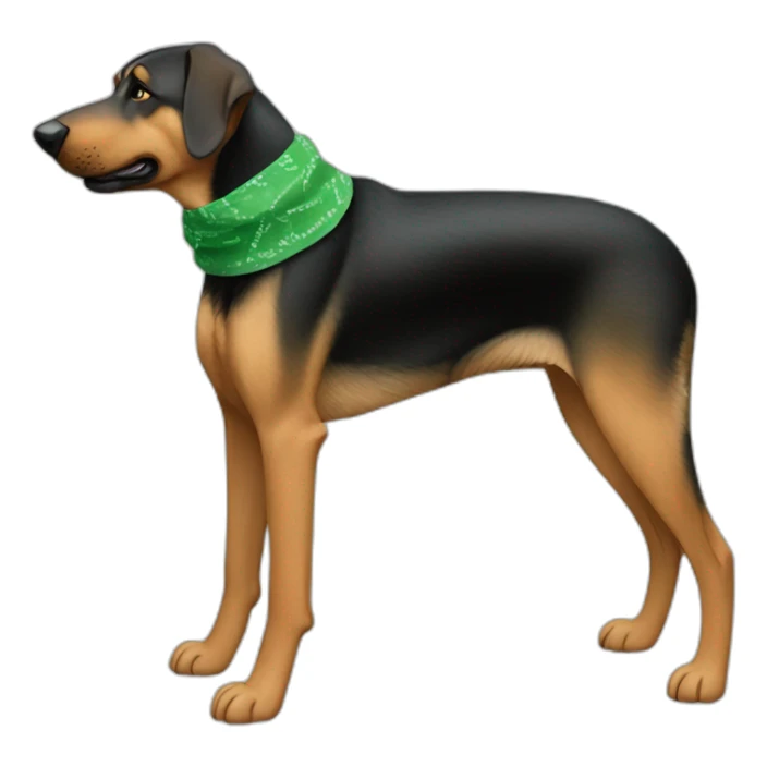 75% Coonhound 25% German Shepherd mix dog wearing small plain green bandana side view full body in profile left facing sticker