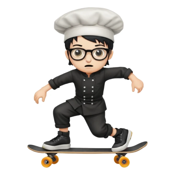 ["An angry boy  wearing a chef hat and square glasses, dressed in goth fashion, is skateboarding while holding a backpack."] sticker