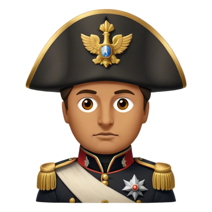 Cinematic Realistic Napoleon Bonaparte Portrait Emoji, depicted as a commanding military leader with a determined gaze and iconic bicorne hat, rendered with dramatic textures and bold historical lighting that captures his imperial legacy. sticker
