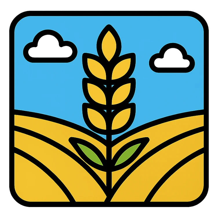 golden wheat field with blue sky above, clean iconic style sticker