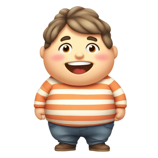 Chubby cartoon character, round belly, rosy cheeks, striped sweater, waddling, cheerful expression, warm colors, low angle view sticker