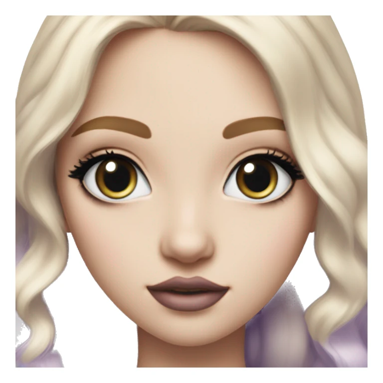 Create emojis like apple, Light girl with a blue iris, big eyes, light blond hair, pale skin, like a porcelain doll, medium nose, thick eyebrows, small lips

Makeup, eye makeup with colored eyeliner - purple

Long black eyelashes sticker