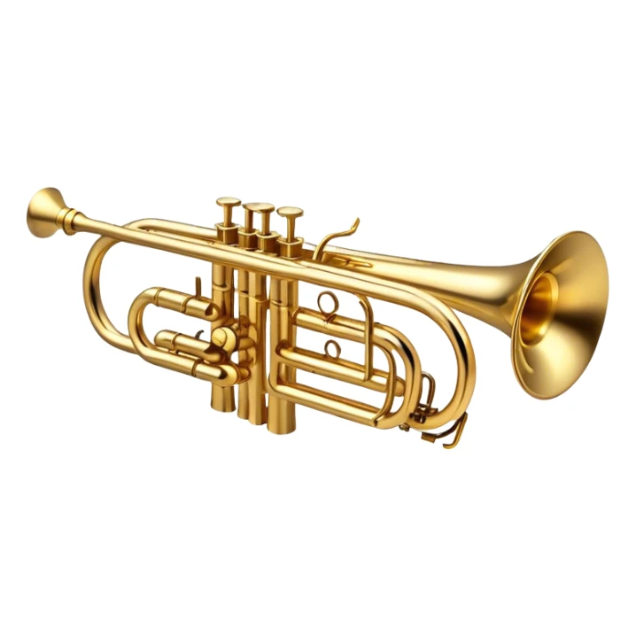 Cinematic Realistic Trumpet, polished brass with warm golden reflections, intricate valve details subtly highlighted, soft hands pressing the keys, glowing with bold and triumphant musical energy. sticker