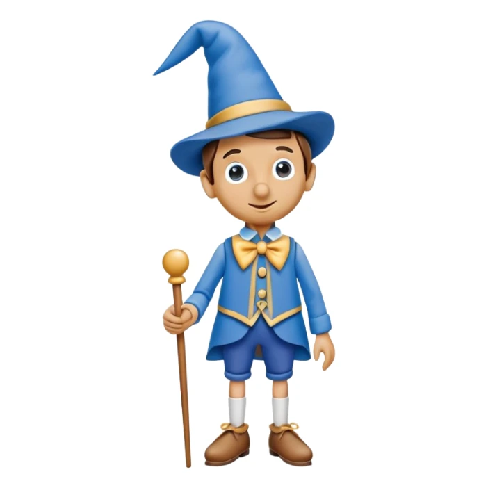 Wooden puppet Pinocchio with a long nose, wearing blue clothes and a pointed hat sticker