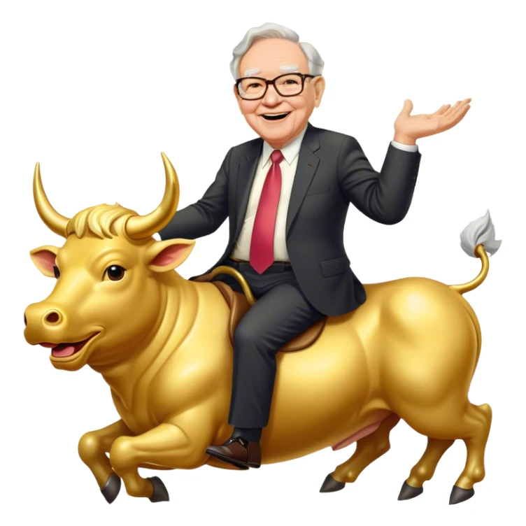 happy Warren Buffet riding golden bull sticker