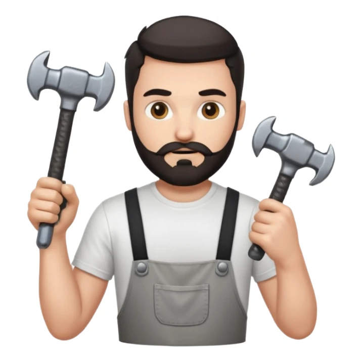  guy who looks very handsome, he has a dark beard, wears a white tee shirt and holds a wrench in one hand and a black hammer in the other hand sticker