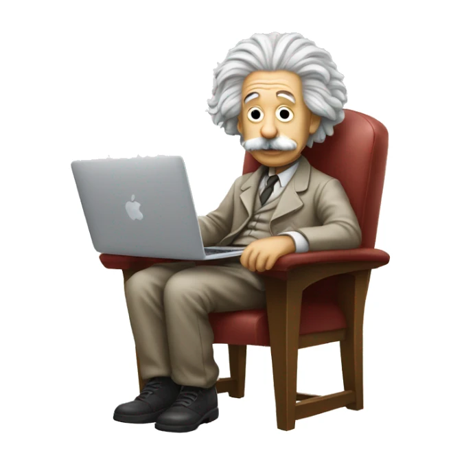 albert einstein sitting in the chair with apple macbook sticker