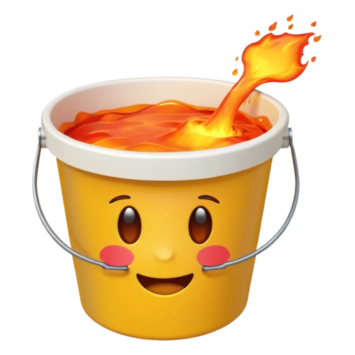 yellow plastic bucket overflowing with molten lava, emoji style sticker
