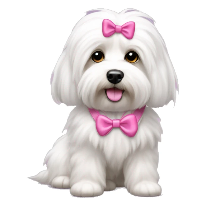 Long haired Coton de Tulear dog with pink harness and pink hair bow sticker