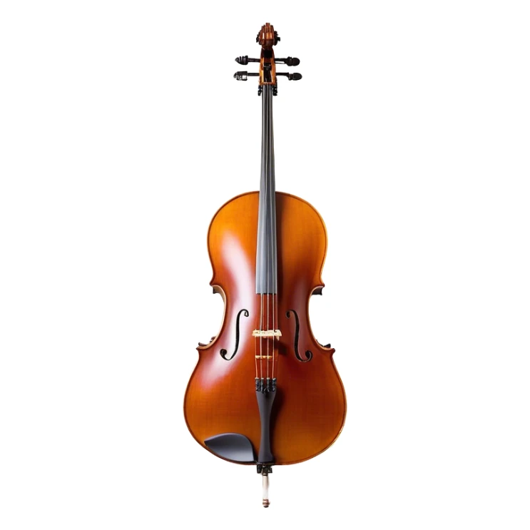Create a refined and detailed emoji representing a Cremona 4/3F 4/4 cello with a bow. The design should feature the smooth, polished wooden body of the cello with a deep, rich tone color. The strings and tuning pegs should be visible, emphasizing the instrument's fine craftsmanship. Add a delicate bow placed gently across the strings, with intricate detailing on the hair and frog. Include subtle musical notes around the cello to evoke the graceful, classical sound. Use warm wood tones and accents like gold and silver for a professional, elegant look. The background should be transparent. sticker