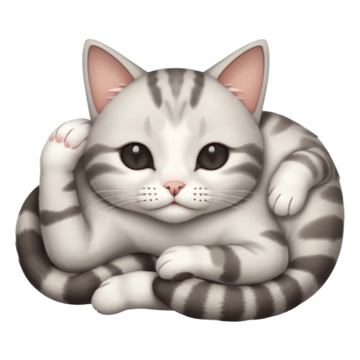 grey and white small cat with eyes closed lying down upside down with its paws/arms tightly covering its own face sticker