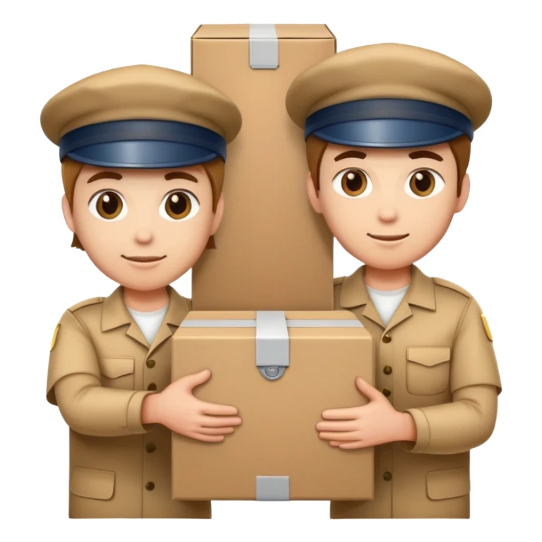 two workers in caps and uniforms holding a large box together sticker