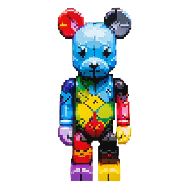 Pixel art KAWS Bearbrick figure with X eyes, blocky bear shape, vibrant colors sticker