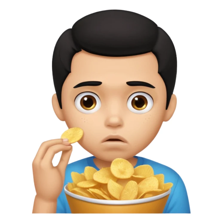 a PRETTY BRATZ boy with black hair, stuffing his face with chips and looking sad sticker
