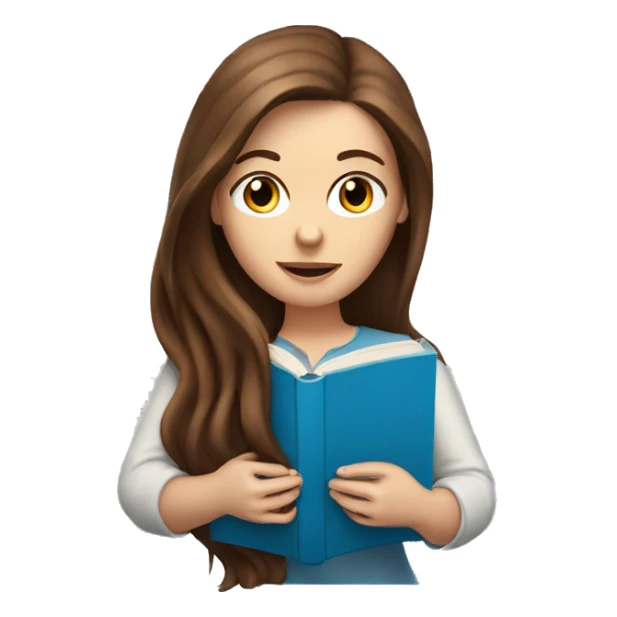 White woman with long brown hair and blue eyes reading a book sticker