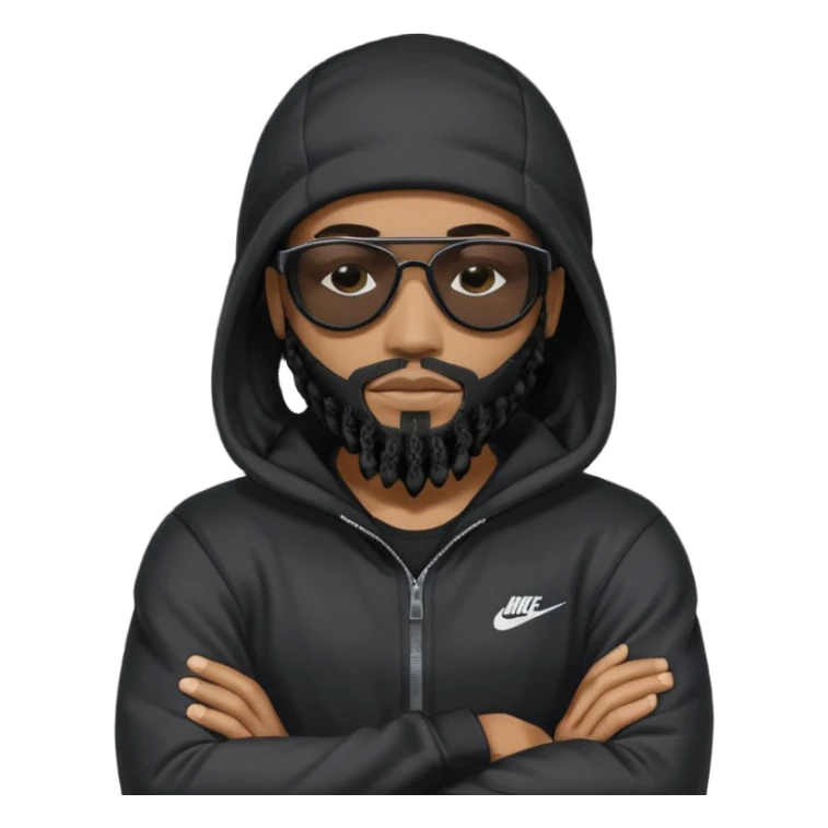 African American man with shoulder length black dreadlocks with black beard wearing black sunglasses wearing a black ski mask covering face wearing a Nike hoodie with his arms folded across chest sticker