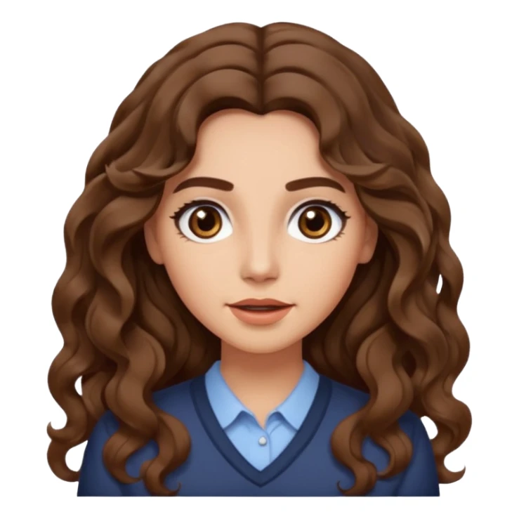She has long, brown hair styled in soft wavy curls with a middle part. She has well-shaped eyebrows and dark brown eyes. She is wearing light makeup that highlights her natural beauty and is offering a slight smile to the camera. She is surprise sticker