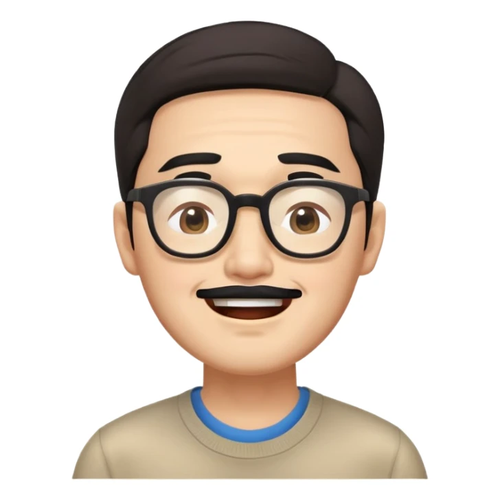 _cinematic-realistic-portrait-of-asian man,-depicted-with--large-rectangular-glasses,-his-happy-expression-rendered-in-lifelike-detail,-illuminated-with-soft,-realistic-lighting-that-emphasizes-his-creative-genius, his eyes shut  and big bushy black eyebrows sticker