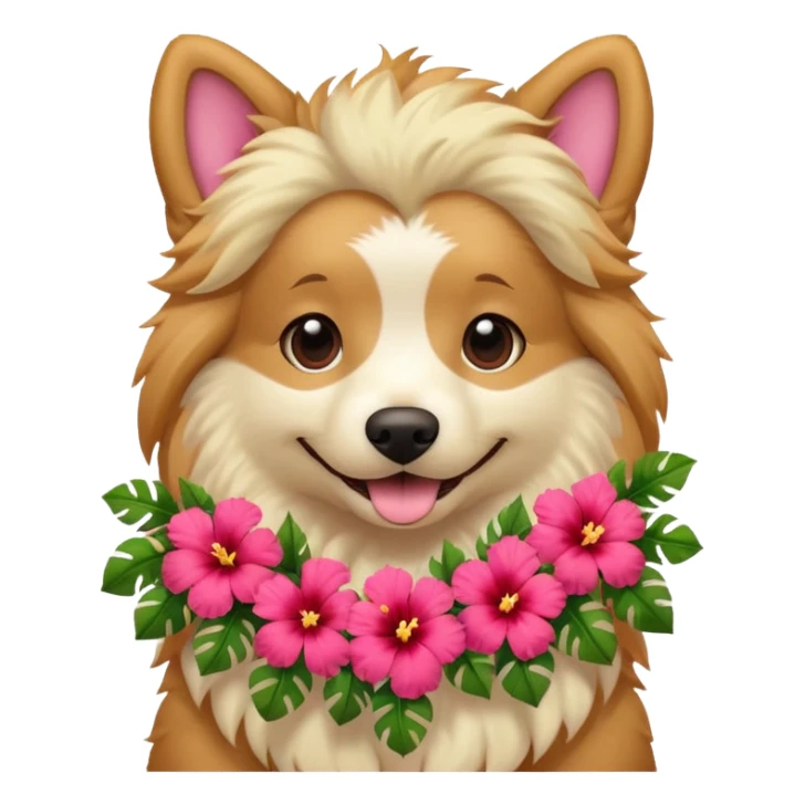 A fluffy dog wearing a bright hibiscus lei, wagging happily. sticker