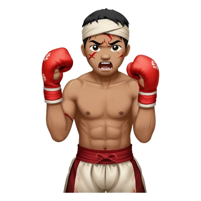 A traditional Lethwei fighter with wrapped bare fists and a traditional Burmese headband (gaung baung), shouting with fierce intensity, blood mark on glove, gritty and raw appearance, Burmese boxing sticker
