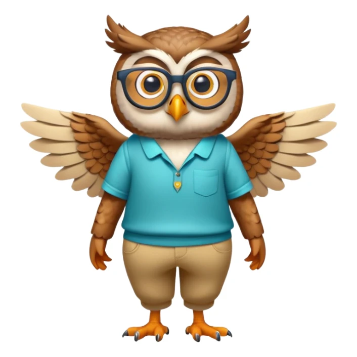 friendly anthropomorphised owl with wings instead of arms, colourful pants and shirt, wearing glasses, walking upright, unique pose 1 sticker