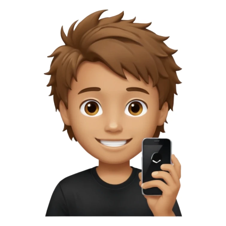 generate a pretty tan bratz boy with brown messy hair smiling while talking on call. Wearing a black tshirt sticker