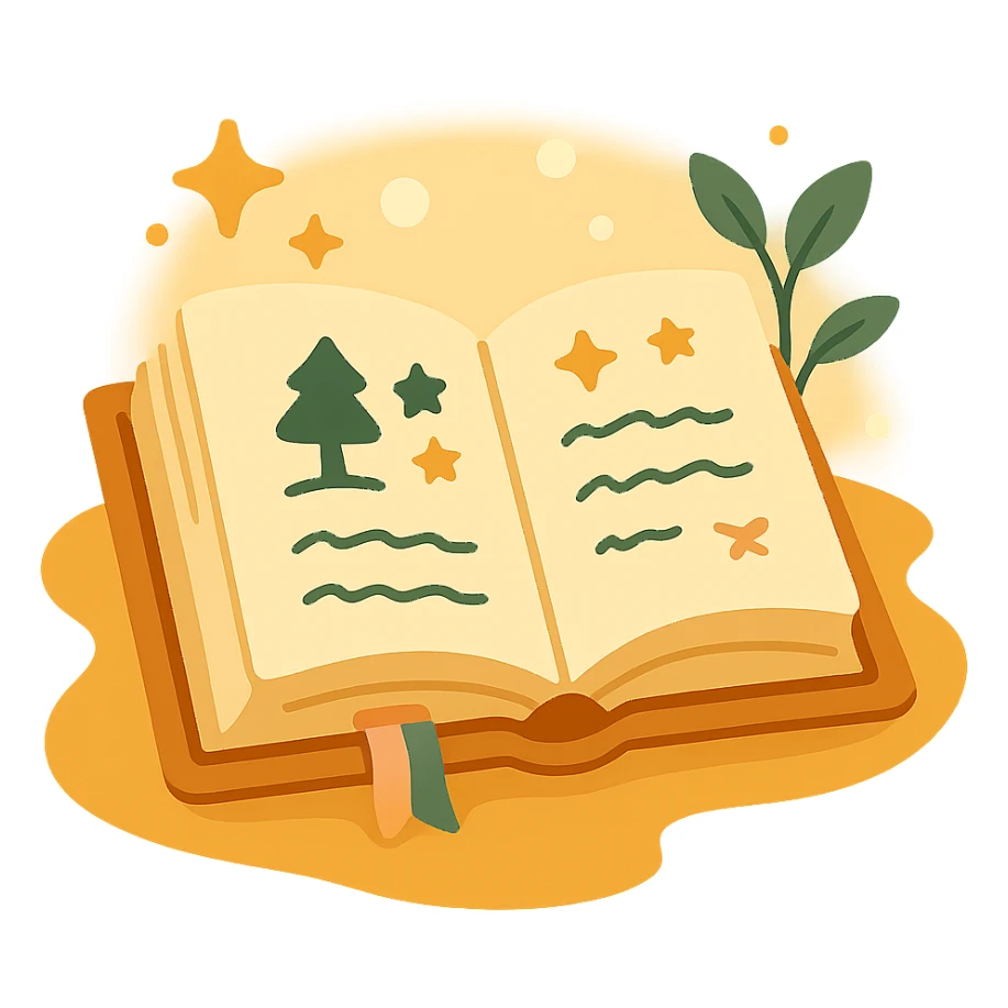 A cute open book lying on a cozy surface, designed in a soft and magical color palette: golden orange (FA9B41), deep forest green (4A7C5C), warm taupe brown (96775A), and pastel peach (FFCC9A). The pages are slightly aged with gentle curves, featuring whimsical illustrations, tiny stars, and elegant handwritten text. The book cover, visible beneath the open pages, has decorative patterns and a ribbon bookmark in peach and green tones. Around the book, add soft light, a few leaves, or glowing sparkles, creating a dreamy, enchanted, storybook-like atmosphere. The overall mood is warm, magical, and gentle sticker