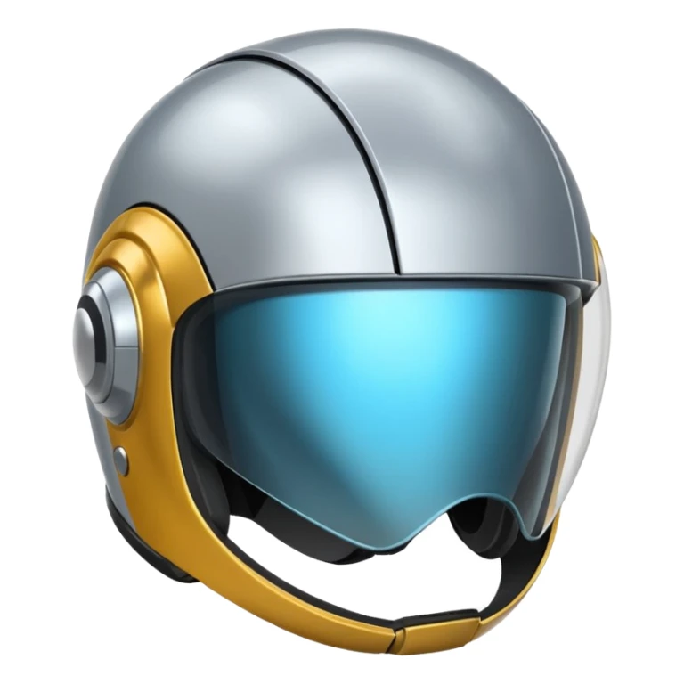 A futuristic helmet emoji made of silver chrome, smooth aerodynamic shape, minimal visor detail, reflective metallic surface, sci-fi aesthetic, iOS emoji style, centered on clean white background sticker