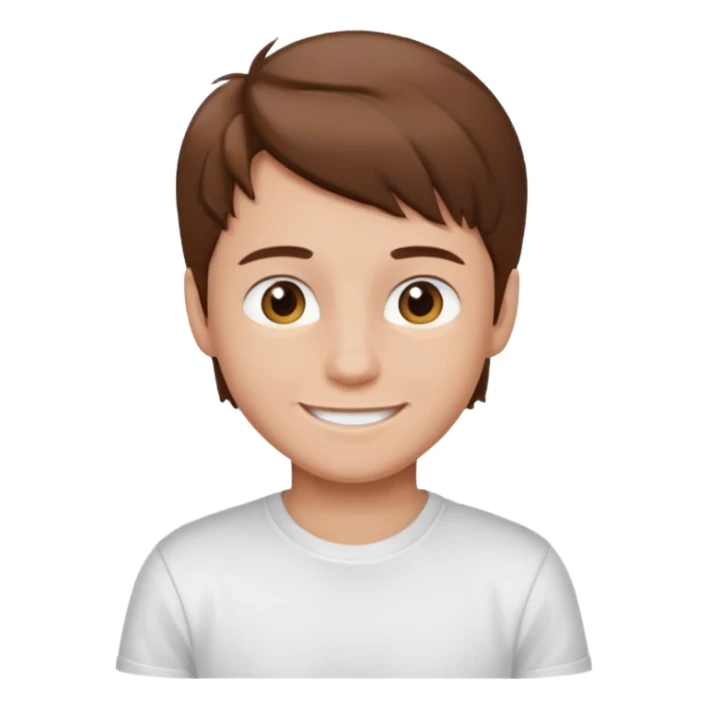 Boy with brown hair and white t-shirt sticker