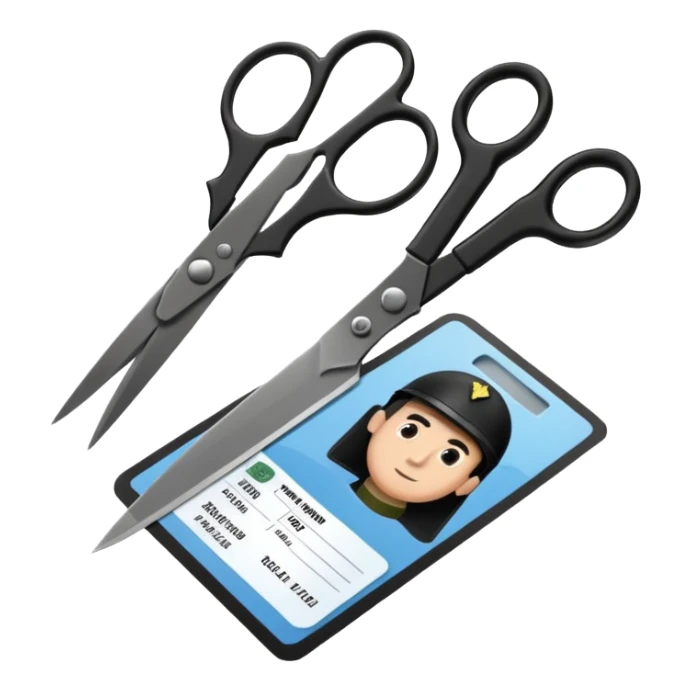 Floating black Scissors cutting in half an idf soldier ID card with a little chip in 2 parts sticker