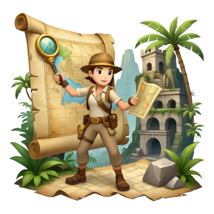 An icon featuring an adventurer in a dynamic action pose with treasure map, ancient ruins and jungle landscapes in the background. The design includes clues, hidden passages and climbing gear, symbolizing the thrill of exploration and discovery. Transparent background. sticker