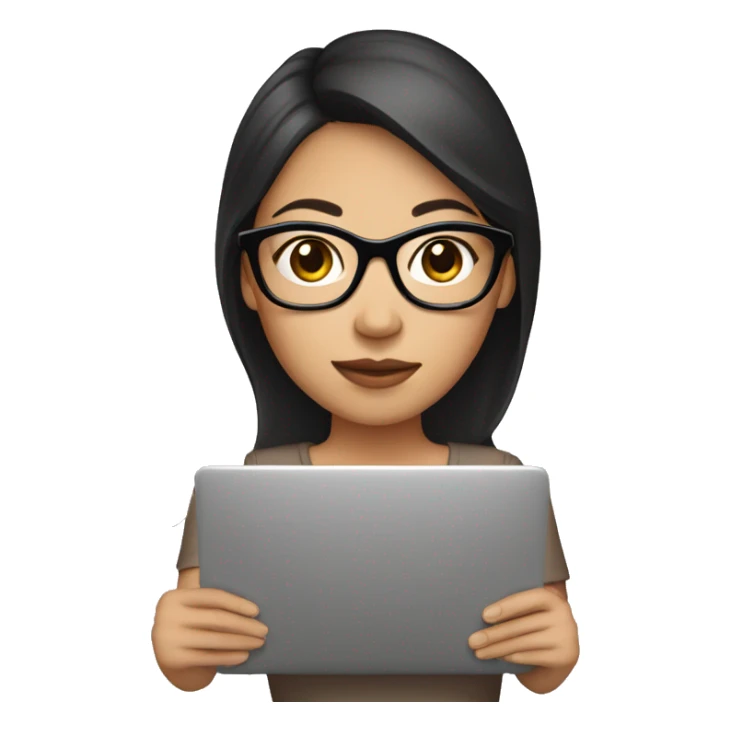 Brunette Asian girl with laptop, coffee, bow, glasses sticker