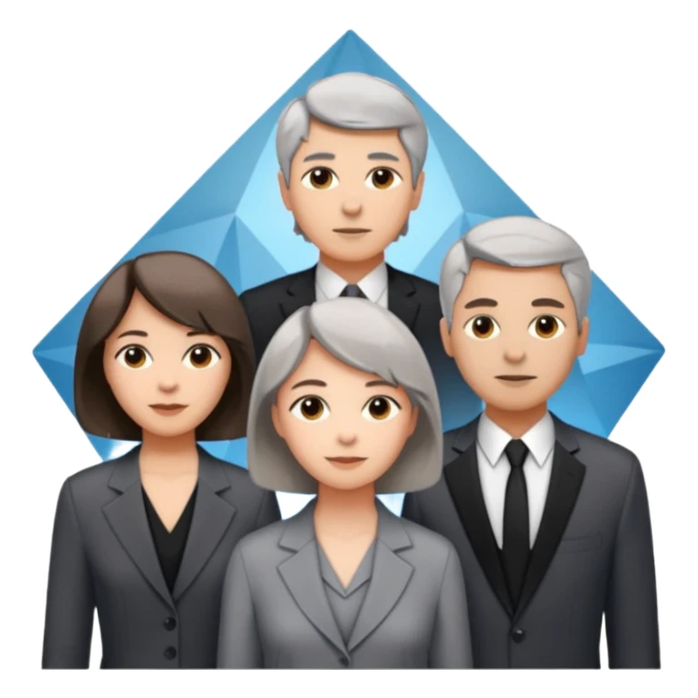 Three designers are standing in a triangular formation. The older woman with short hair is in the middle, and the other two, a young woman with medium-length hair and a man, are below her. sticker
