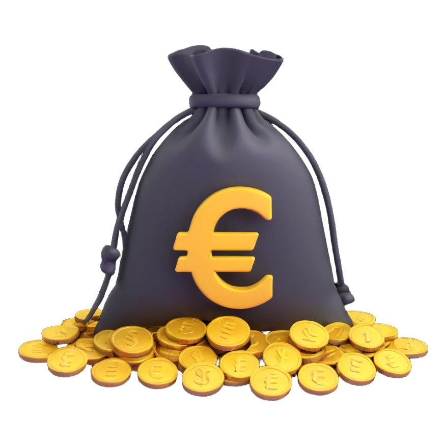 money bag with euro symbol, slight glow, coins spilling out sticker