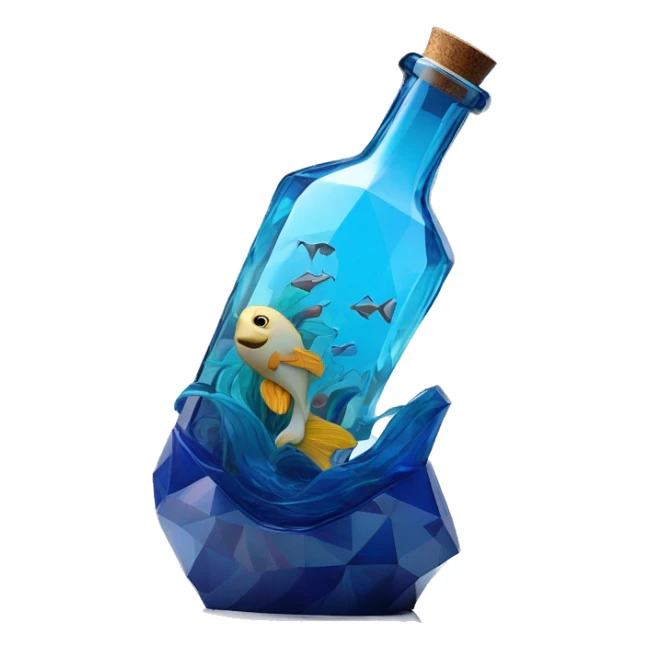 symbolic ocean in a bottle sculpture symbolizing Pisces with a geometric, faceted design. The bottle is standing upright with angular and baroque features. The vibrant deep blue waves colors highlights the sharp edges and planes.  sticker