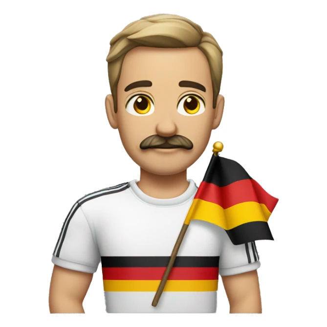 Guy standing at 45 degree angle with German flag on his shirt with his arm straight 45 degrees up and he has a mustache sticker
