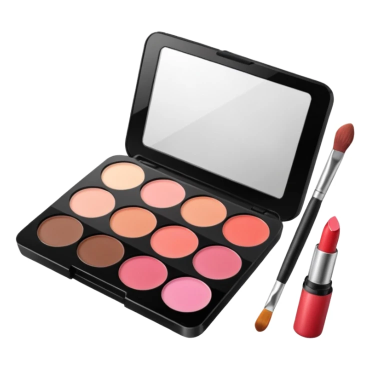 cute array of makeup items including lipstick, blush, eyeshadow palette, and makeup brush in classic emoji style sticker