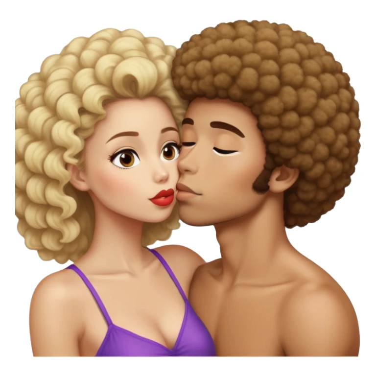 Girl with brown hair smooching a blonde Afro guy sticker