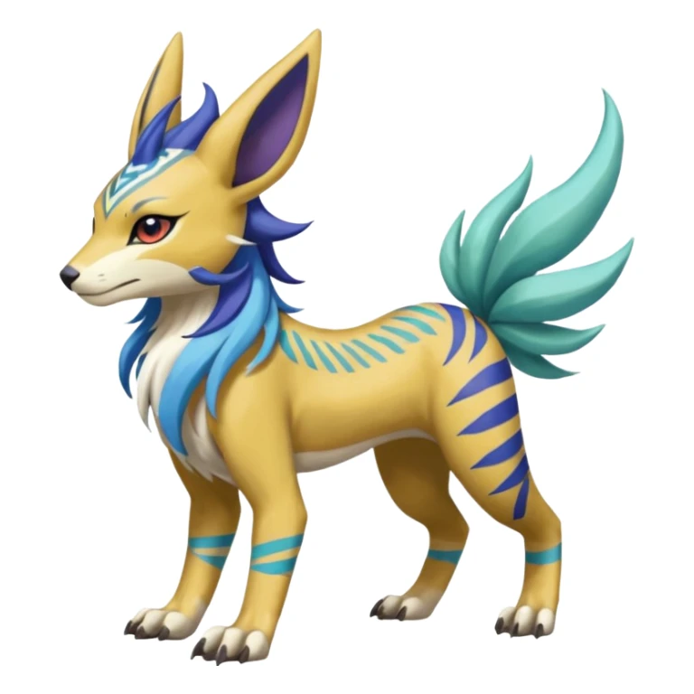 Tropical Tiny Marked Patterned Tribal Colorful Skilled Adept Graceful Asian Painted WereGarurumon-Suicune-Linoone-Meloetta-Renamon-fusion-hybrid-creature (full body) sticker