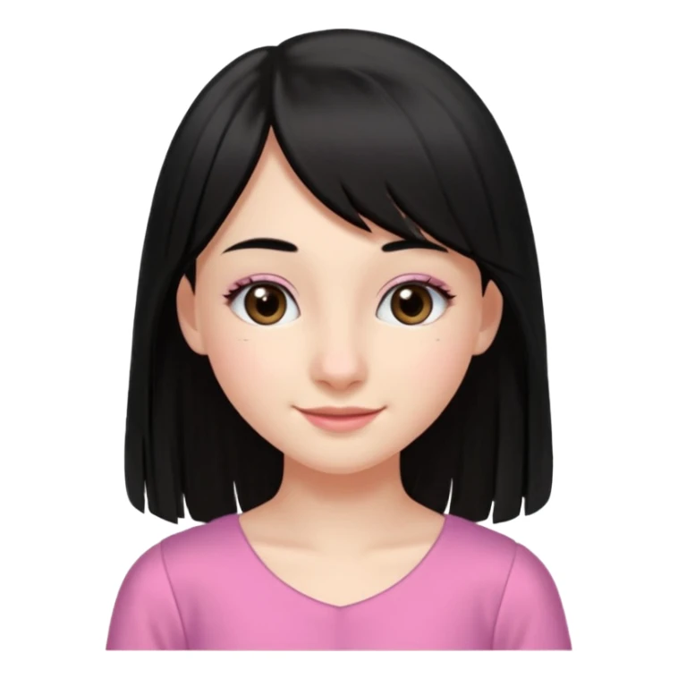 Cabelos pretos longos lisos ,olhos castanhos escuros puxadinho para cima com cílios grandes Pele clara ,nariz pequeno ,lábios mais carnudos ,adolescente 16 anos , com vestido de alinhamento rosa. Cabelo repartido ao meio com franja na altura do nariz  sticker