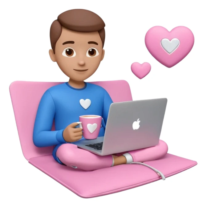 3D clay character relaxed with laptop and coffee, floating icons (envelope, heart, dollar), electric blue (#4A90D9) outfit, pink (#FF6B9D) floating icons, white laptop, Pixar style, transparent background sticker