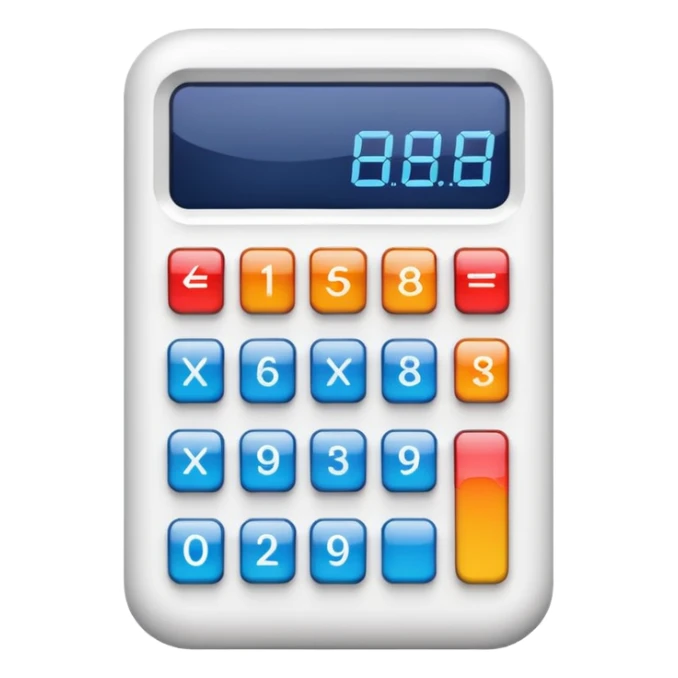 colorful calculator, bright buttons, white body, digital display sticker