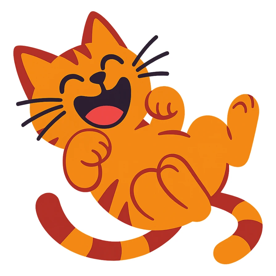 a mischievous cat rolling on its back, laughing, vibrant toon style sticker