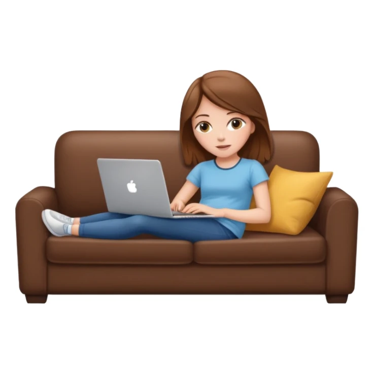 A white girl is lying on a sofa with a laptop sticker